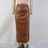 Solid Color High Waist PU Split Long Skirt GPBY-14782