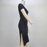 Short Sleeve Solid Color Split Midi Dress GPBY-14438