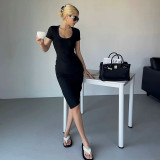 Short Sleeve Solid Color Split Midi Dress GPBY-14438