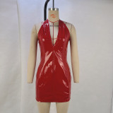 PU Leather Halterneck V Neck MinI Dress GPBY-15112