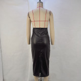 Sexy Sling Backless PU Leather Solit Midi Dress GPBY-14594