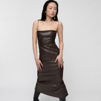 Sexy Sling Backless PU Leather Solit Midi Dress GPBY-14594