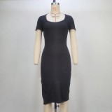 Short Sleeve Solid Color Split Midi Dress GPBY-14438
