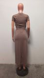 Fashion Hot Drilling Short Sleeve Long Skirt Two Piece Set HMS-5585