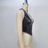 Sexy Halterneck Tie Up PU Tank Tops GPBY-14475