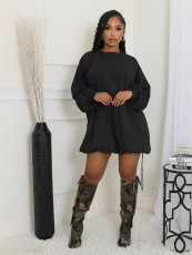 Long Sleeve Solid Color Drawstring Mini Dress BS-1376