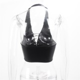 Sexy Halterneck Backless Tie Up PU Tops GPBY-0044