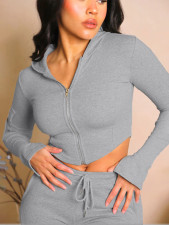 Solid Color Hooded Tops Flare Pants Sport Suit MIL-093