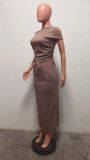 Fashion Hot Drilling Short Sleeve Long Skirt Two Piece Set HMS-5585