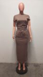 Fashion Hot Drilling Short Sleeve Long Skirt Two Piece Set HMS-5585