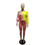 Slash Shoulder Color Block Two Piece Pants Set QXTF-883