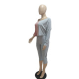 Slash Shoulder Color Block Two Piece Pants Set QXTF-883