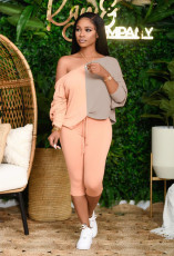 Slash Shoulder Color Block Two Piece Pants Set QXTF-883