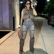 Plus Size Tassel Hanging Rhinestone Multi-Pocket Jeans GAKF-41117