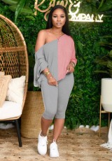 Slash Shoulder Color Block Two Piece Pants Set QXTF-883