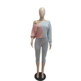 Slash Shoulder Color Block Two Piece Pants Set QXTF-883