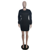 Solid Coior Long Sleeve Midi Dress QXTF-8122