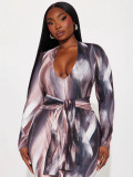 V-neck Slim Printed Belted Long Dress GYZY-8840