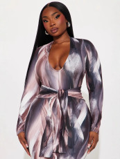 V-neck Slim Printed Belted Long Dress GYZY-8840