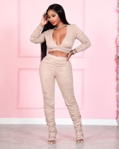 V Neck Solid Color Pleated Two Piece Pants Set QXTF-8830