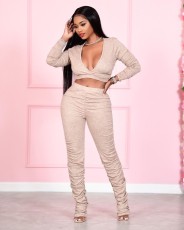 V Neck Solid Color Pleated Two Piece Pants Set QXTF-8830
