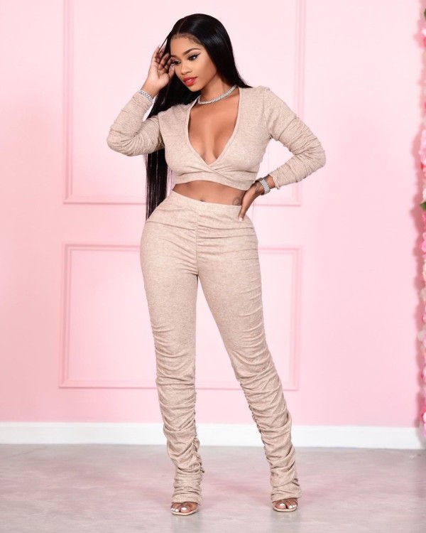 V Neck Solid Color Pleated Two Piece Pants Set QXTF-8830