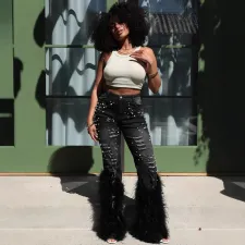 Casual Beaded + Long Whiskered Jeans XCFF-R032