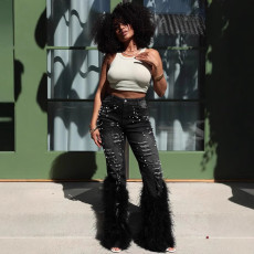 Casual Beaded + Long Whiskered Jeans XCFF-R032