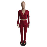 V Neck Solid Color Pleated Two Piece Pants Set QXTF-8830