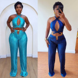 Plus Size Pleated Halter Backless Hollow Out 2 Piece Set NY-3330