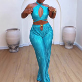 Plus Size Pleated Halter Backless Hollow Out 2 Piece Set NY-3330