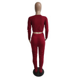 V Neck Solid Color Pleated Two Piece Pants Set QXTF-8830