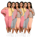 Slash Shoulder Color Block Two Piece Pants Set QXTF-883