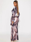 V-neck Slim Printed Belted Long Dress GYZY-8840