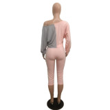Slash Shoulder Color Block Two Piece Pants Set QXTF-883