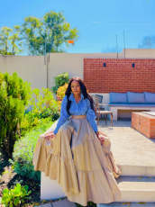 Stripe Shirt And Long Big Swing Skirt 2 Piece Set OLYF-6168