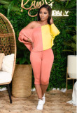 Slash Shoulder Color Block Two Piece Pants Set QXTF-883