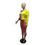 Slash Shoulder Color Block Two Piece Pants Set QXTF-883
