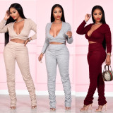 V Neck Solid Color Pleated Two Piece Pants Set QXTF-8830