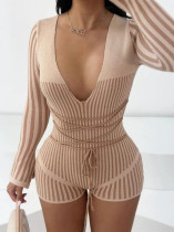 Pre Order: About 7 work days shipping V Neck Stripe Knits Color Block Skinny Romper YUEM-600622