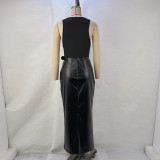 Sleeveless V Neck Patchwork PU Leather Midi Dress GPBY-15152