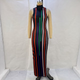 Colorful Stripe Print Sleeveless Long Dress GPBY-14525