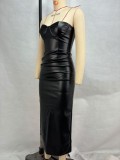 Sexy PU Leather Pleated Split Bandage Dress GPBY-DS177