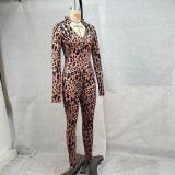 Leopard Print Long Sleeve Zipper Jumpsuit GPBY-15751