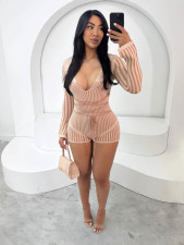 Pre Order: About 7 work days shipping V Neck Stripe Knits Color Block Skinny Romper YUEM-600622