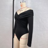Solid Color V Neck Patchwork Bodysuit GPBY-16352