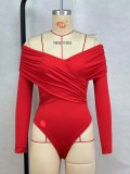 Solid Color V Neck Patchwork Bodysuit GPBY-16352