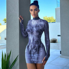 Casual Print Long Sleeve Slim Mini Dress GPBY-14535