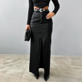 Solid Color High Waist Split PU Long Skirt GPBY-16562