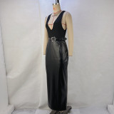 Sleeveless V Neck Patchwork PU Leather Midi Dress GPBY-15152